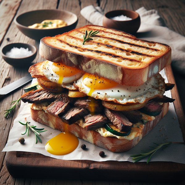 Grilled steak and egg sandwich with zesty aioli